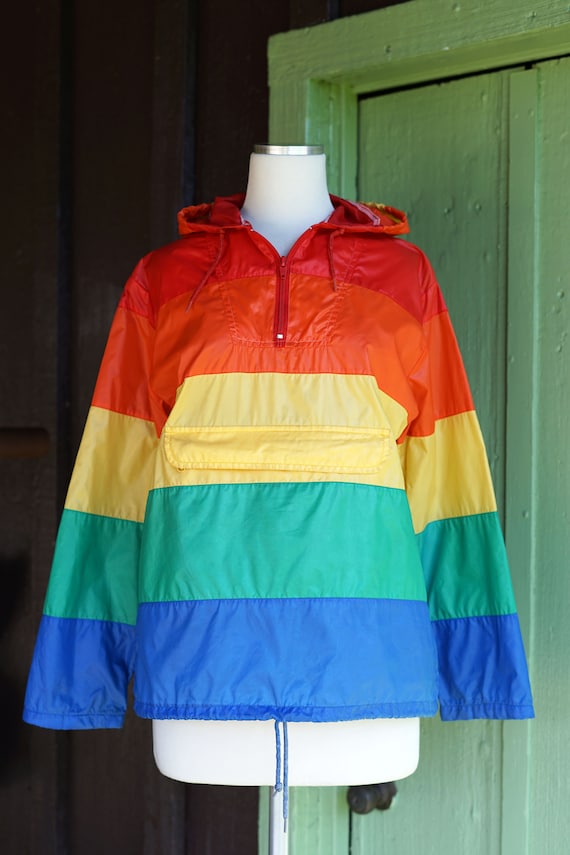 1970s 1980s Rainbow Striped Nylon Pullover with H… - image 5