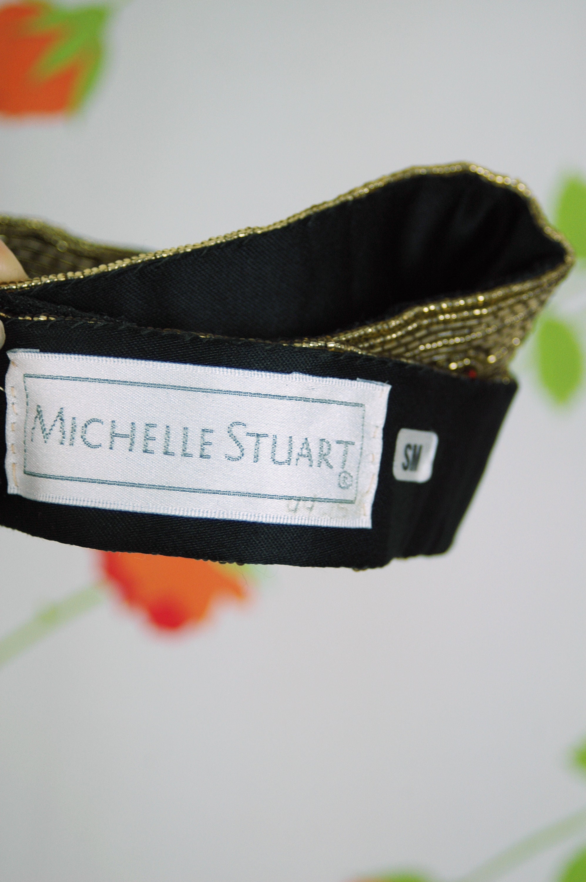 1990s Gold Beaded Gemstone Rhinestone Black Satin Fabric  display picture 1