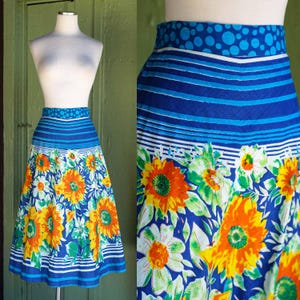 1990s Blue White Striped Yellow Orange Floral Print Skirt // 90s Striped Floral Polka Dot Flared Midi Skirt