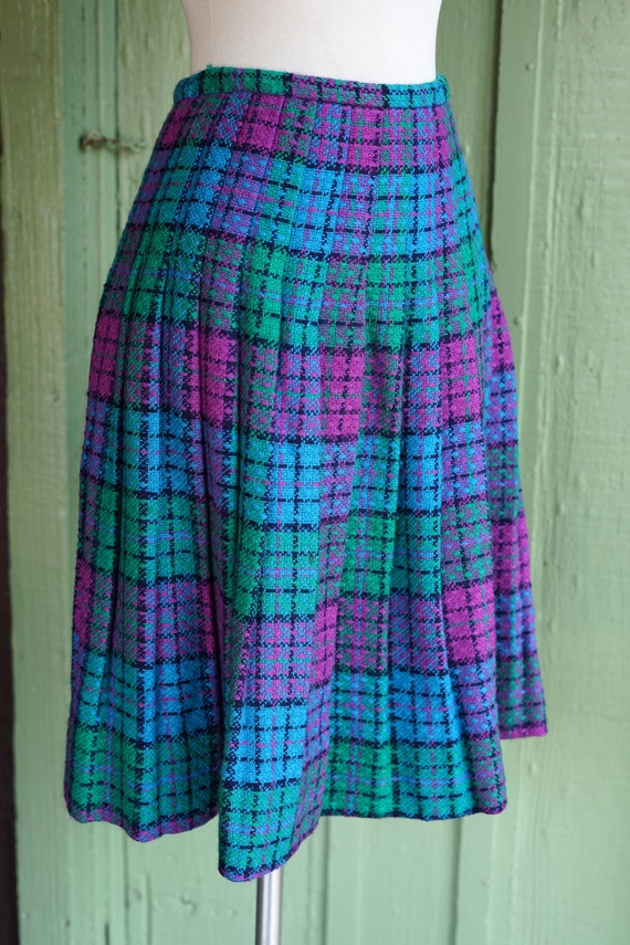 1960s Blue Purple Green Plaid Pleated Midi Skirt … - image 3