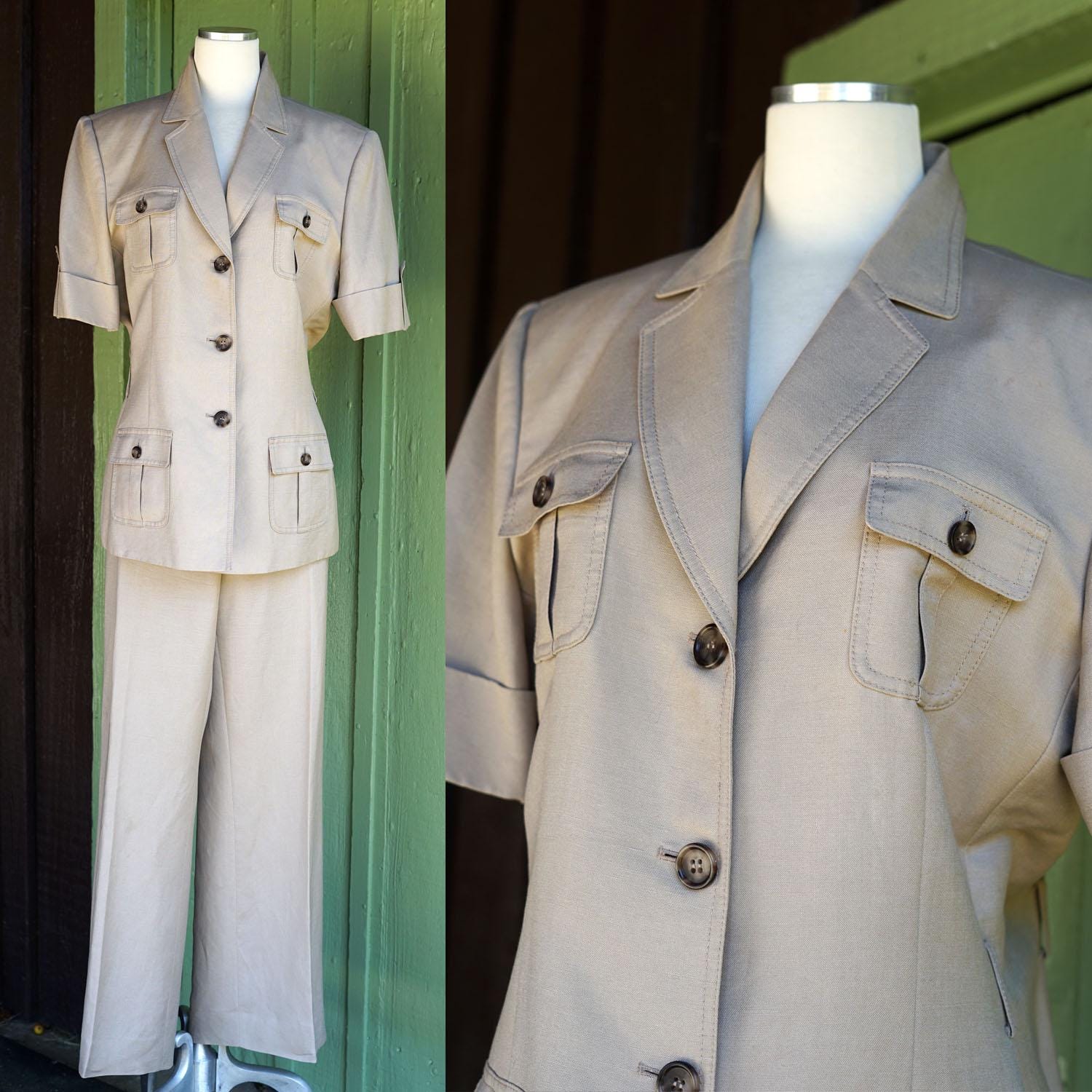 Tahari Tan Linen Rayon Safari Suit // 2000s Top Jacket Pants