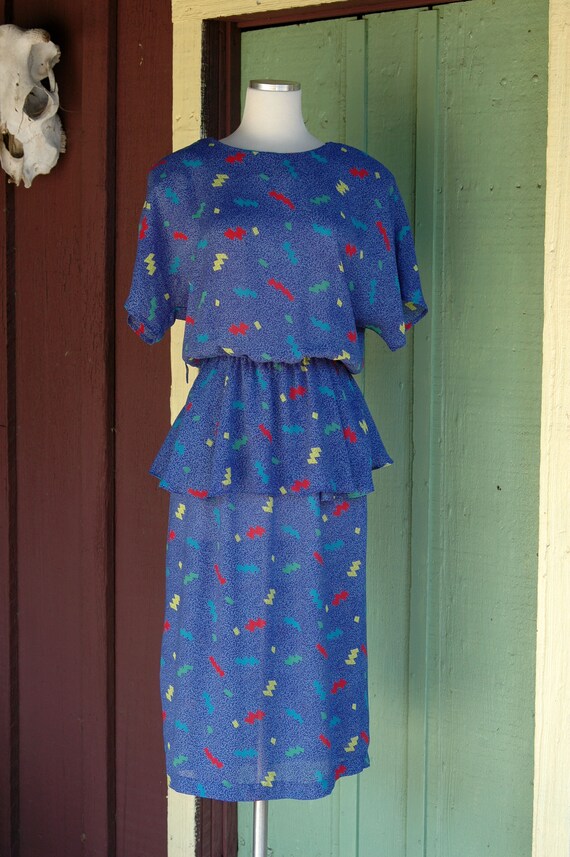 1980s 1990s Blue Confetti Print Peplum Dress / 80… - image 4