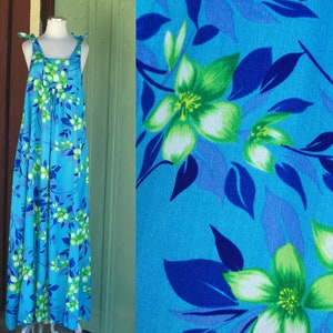 1960s 1970s Turquoise Blue Green Floral Print Hawaiian Dress // 60s 70s Tank Dress Maxi Dress Sun Dress