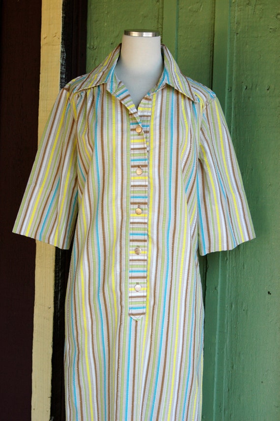 1960s Beige Tan Blue Yellow Green Striped Shirt D… - image 5