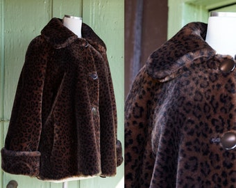 1990s Brown Black Animal Print Faux Fur Chubby Swing Coat // 90s Leopard Print Cheetah Print Faux Fur Short Coat