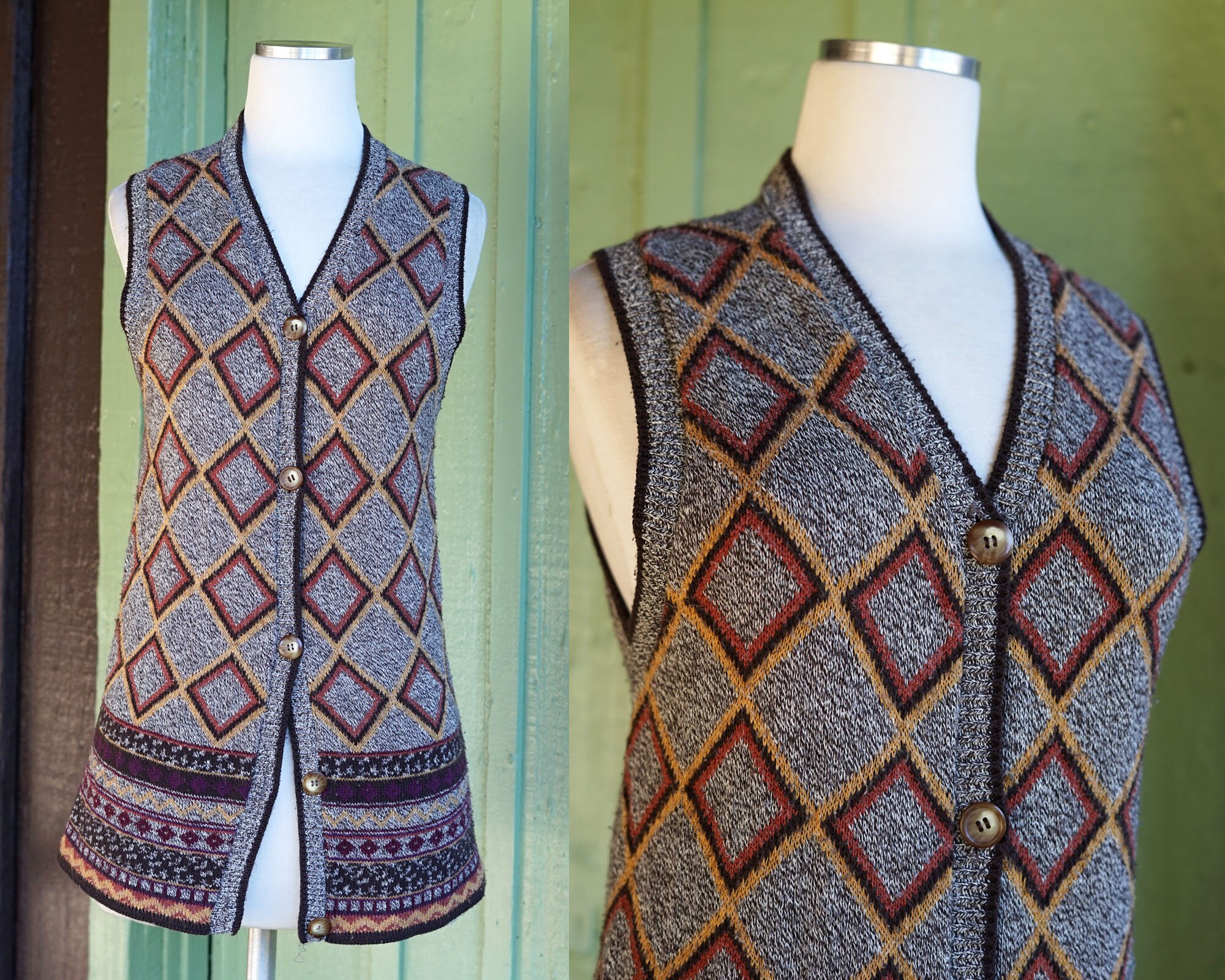 『5年保証』 1970s 1980s Geometric Print Brown Tan Knit Vest // 70s 80s V トップス