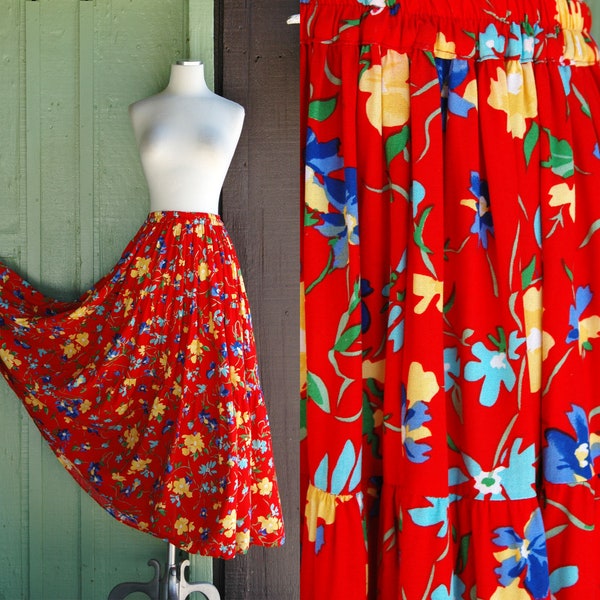 1980s 1990s Red Yellow Blue Floral Rayon Tiered Maxi Skirt // 80s 90s Cactus Flower Western Peasant Long Skirt