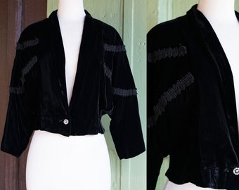 1980s Black Velvet Cropped Evening Jacket // 80s Fancy Little Black Jacket with Rhinestone Button, Dolman Sleeves and Embroidery Details