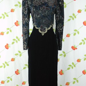 1990s Black Velvet Gold Purple Blue Scott McClintock Evening Dress // 90s Long Sleeve Hourglass Dress with Open Back image 2