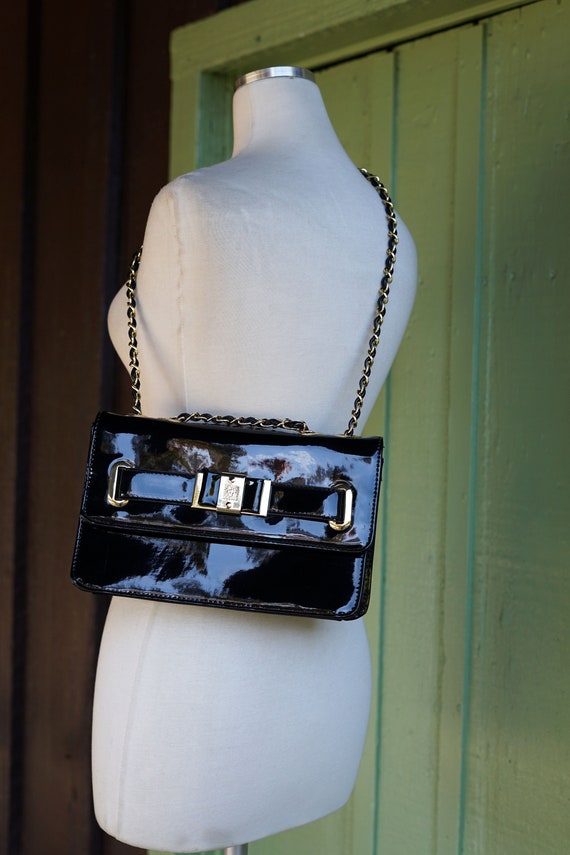 1990s Black Patent Purse with Gold Trim and Gold C
