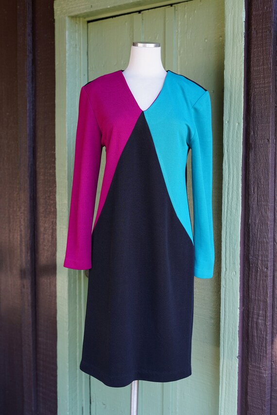 1980s Black Green Pink Geometric Color Block Dress // 80s Long Sleeve V  Neck Graphic Dress by Bedford Fair - Etsy