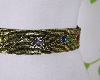 Vintage Michelle Stuart Black Beaded Statement Belt with Jewel Embellishments 1990s Gold Beaded Gemstone Rhinestone Black Satin Fabric  main image 2