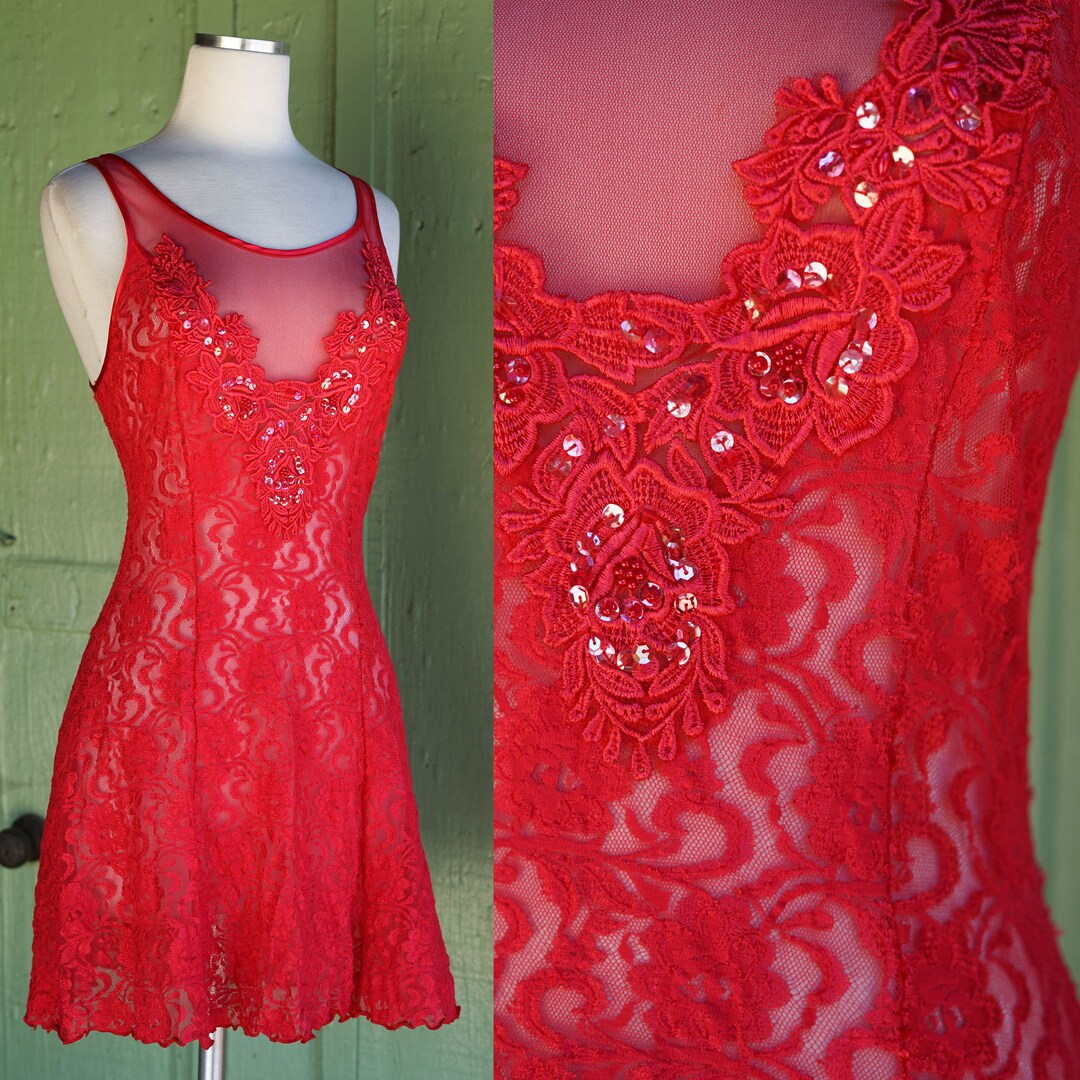 1990s Red Stretch Lace Lingerie Dress With Sequins, Beads and Applique ...