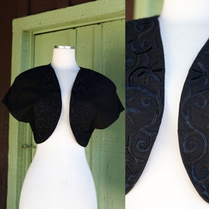 1990s Black Linen Cotton Shrug Formal Cover Up Cropped Jacket // 90s Sarah Elizabeth Swirly Stitched Flower Applique Jacket