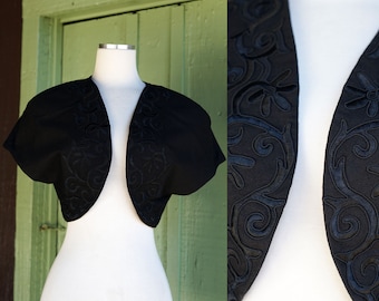 1990s Black Linen Cotton Shrug Formal Cover Up Cropped Jacket // 90s Sarah Elizabeth Swirly Stitched Flower Applique Jacket