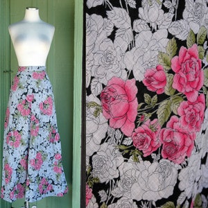 1970s Grey Black Pink Green Rose Floral Print Maxi Skirt // 70s Long Romantic Pink Rose Heart Flower Skirt