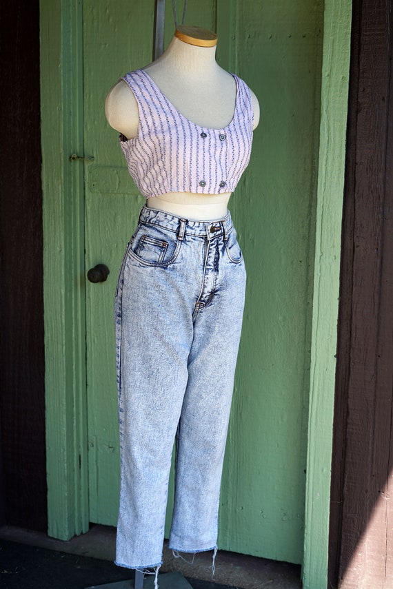 1980s 1990s Pale Pink Blue Striped Crop Top // 80… - image 4