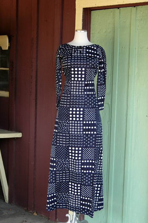 1960s 1970s Navy Blue White Polka Dot Maxi Dress // 6… - Gem