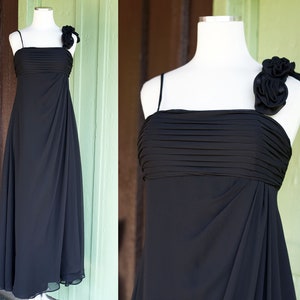 1980s Black Pleated Empire Waist Flowy Evening Gown with Floral Rosette Detail // 80s Bari Jay Spaghetti Strap Long Maxi Formal Dress