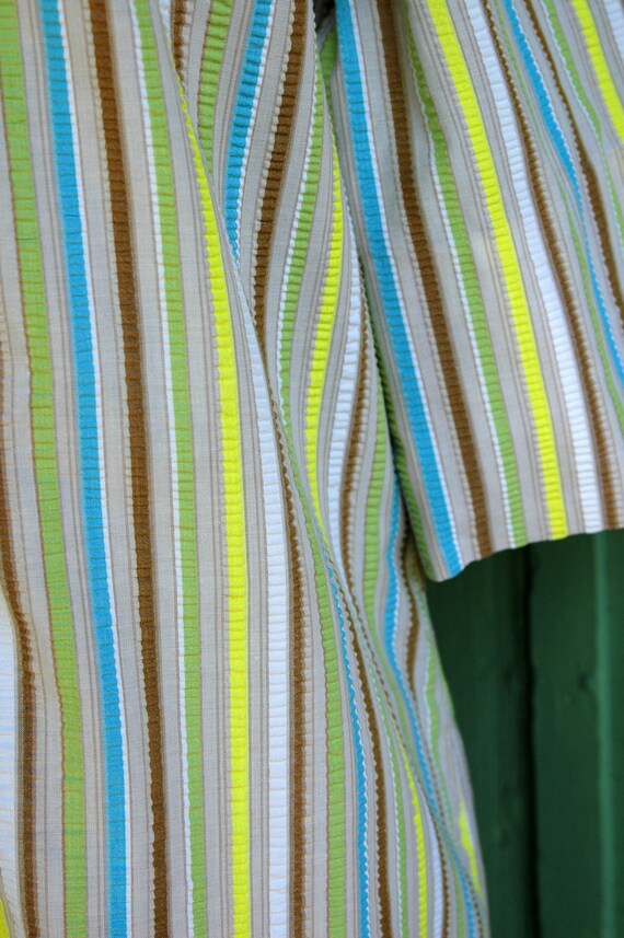 1960s Beige Tan Blue Yellow Green Striped Shirt D… - image 9