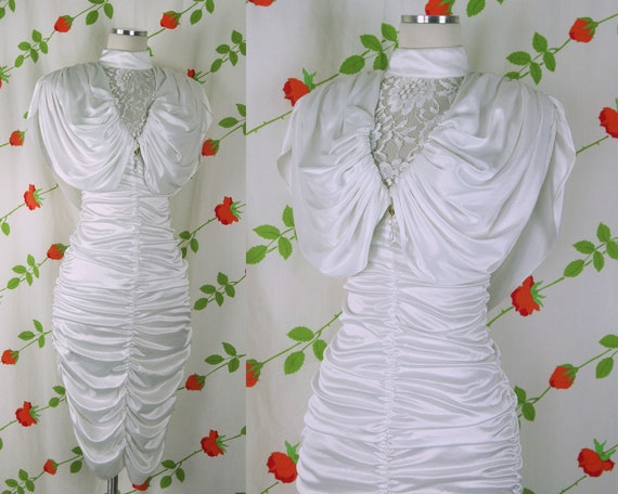 1980s White Ruched Fitted Dress // 80s Sexy Fitted Cocktail Evening Dress  by Diamond's Run by Wayne Diamond - Etsy