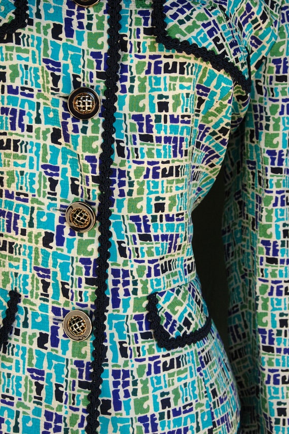 1990s White Blue Green Silk Abstract Print Blazer… - image 7