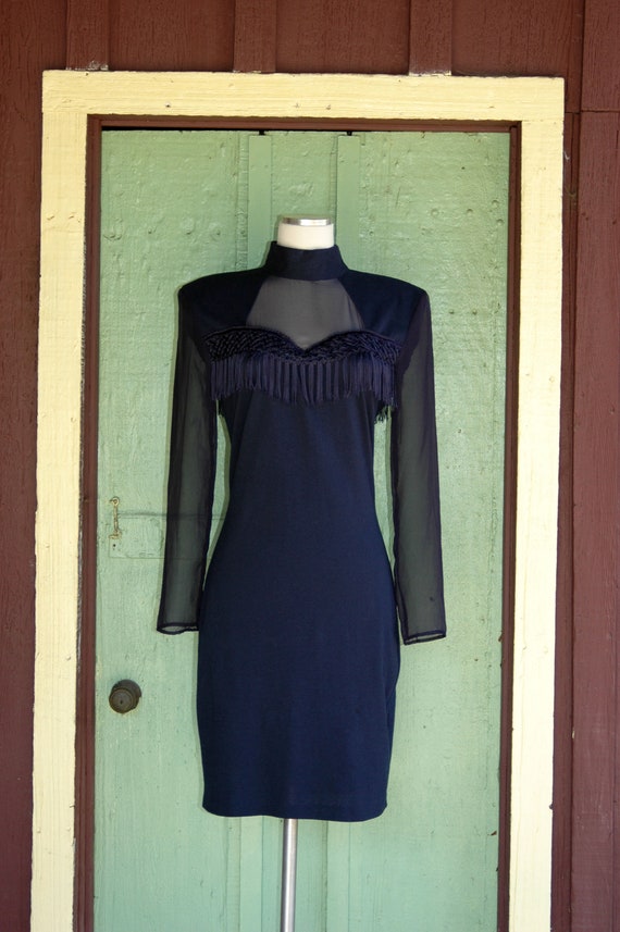 1990s Navy Blue Hourglass Mock Neck Dress with Sh… - image 2