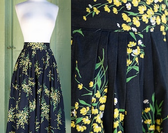 1960s Black Yellow Green White Floral Print Skirt // 60s Flared Semi Full Midi Skirt
