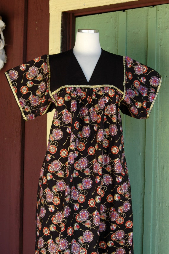 1980s Black Gold Red Purple Floral Print Muu Muu … - image 6