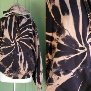 1990s Black Tan Tie Dyed Spiral Sweatshirt by Champion // 90s Hand Dyed Hooded Hoodie Sweatshirt
