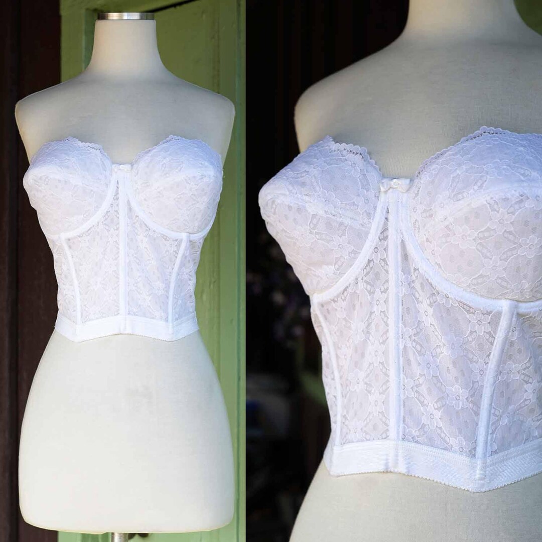 1990s White Lace Longline Bustier Style Bra Top // 90s White Lace Boned ...