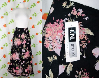 1990s Black Pink Floral Print Bias Cut Midi Skirt // 90s NOS with Original Tags Midi Skirt Romantic Flower Print