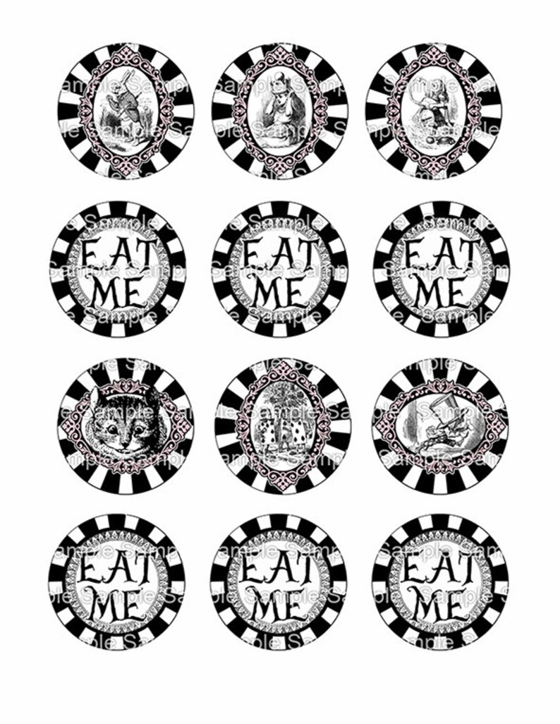 Cupcake Toppers Alice in Wonderland pink/ 12 round Images 2 Etsy