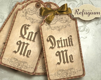 Alice in Wonderland eat me drink me Tags, Digital Collage Sheet, Instant Download,printable images, Quotes