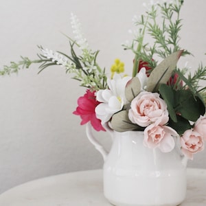 Faux Floral Arrangement in Vintage Ironstone Pitcher – Springtime Home Decor