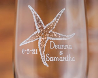 Beach Wedding Starfish Personalized Wedding Set of 2 Champagne Flutes, Wine, Beer, Whiskey, Etched, Free Personalization, For Couples, Gifts