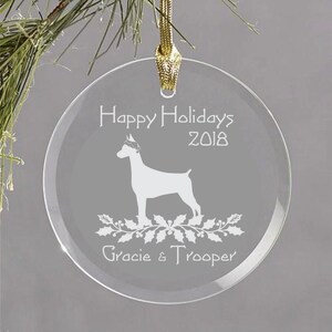 Doberman Dog with Santa Hat Etched Glass Ornament or Suncatcher, Free Personalization and Shipping