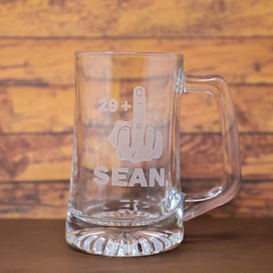 Birthday Middle Finger Etched Glass Beer Mug, Free Personalization and Shipping, Gifts for him