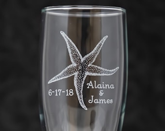 Beach Wedding Starfish Personalized Wedding Set of 2 Champagne Flutes, Wine, Beer, Whiskey, Etched, Free Personalization, For Couples, Gifts