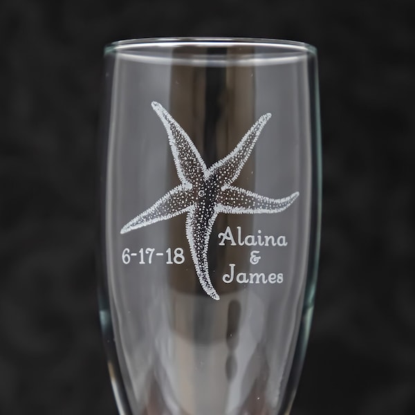 Beach Wedding Starfish Personalized Wedding Set of 2 Champagne Flutes, Wine, Beer, Whiskey, Etched, Free Personalization, For Couples, Gifts