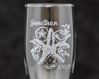 Beach Wedding Starfish Personalized Wedding Set of 2 Champagne Flutes, Wine, Beer, Whiskey Etched, Free Personalization, For Couples, Gifts