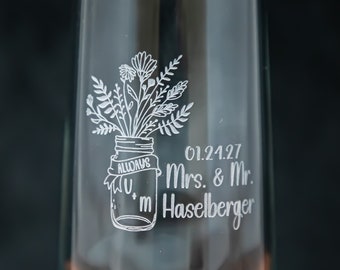 Floral Mason Jar Country Barn Wedding Engraved Set of 2 Glasses, Wine, Champagne, Beer, Whiskey, Etched, Free Shipping, Custom For Couple