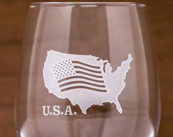 USA Map Etched Stemless Wine Glass, Travel Lovers, Wine Lovers, Gifts for Her, Housewarming Gifts, Free Shipping & Personalization, America