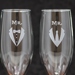 Mr & Mr, Groom and Groom, Champagne Toasting Flutes, Etched, Free Personalization and Shipping
