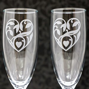Wedding Champagne Flutes, Vined Hearts, Etched, Free Personalization and Shipping