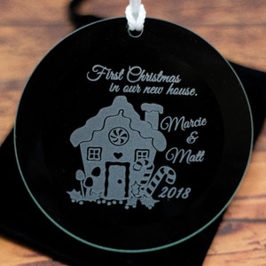 First Christmas in our New Home Gingerbread House, Etched Glass Ornament Suncatcher, Free Personalization and Shipping, Housewarming, Couple