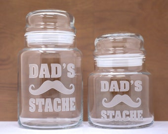 Dad's Stache Etched Treat Jar, Cookie Jar, Christmas, Father's Day, Birthday, Gifts for Him, From Kids, Free Personalization and Shipping