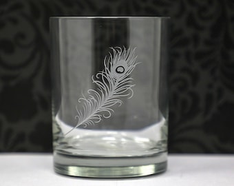 Peacock Feather DOF, Rocks Glass, Etched, Whisky, Whiskey, Housewarming, Birthday, Wedding, Gifts for Her, Free Personalization and Shipping