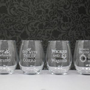 Villains Inspired Etched Stemless Wine Glass, Ursula, Evil Queen, Maleficent, Queen of Hearts, Free Personalization and Shipping