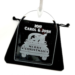Merry Christmas Tree in Truck Glass Suncatcher Ornament, Free Personalization and Shipping, Gifts for Family, Neighbor, Couple, For Her